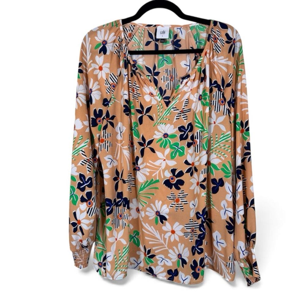 Cabi Tan Floral Long Sleeve Boho Blouse Womens L Casual Shirt Top